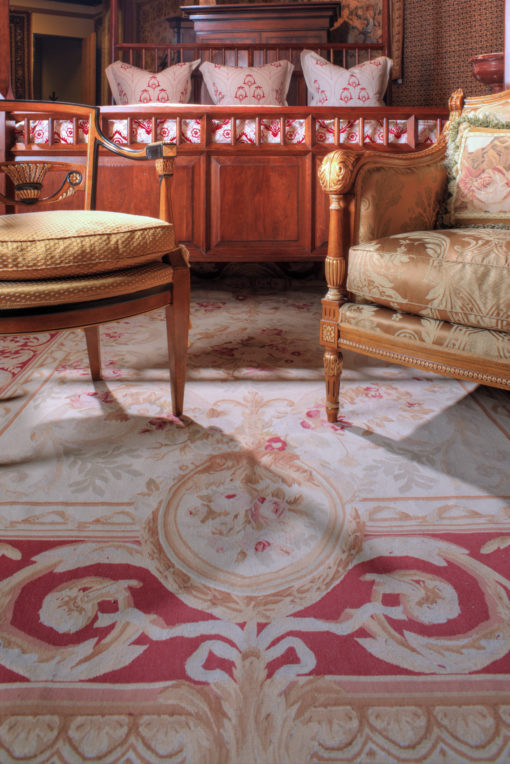 French Auboson Rug With Hand Carved Italian Chest And Chairs Scaled 1